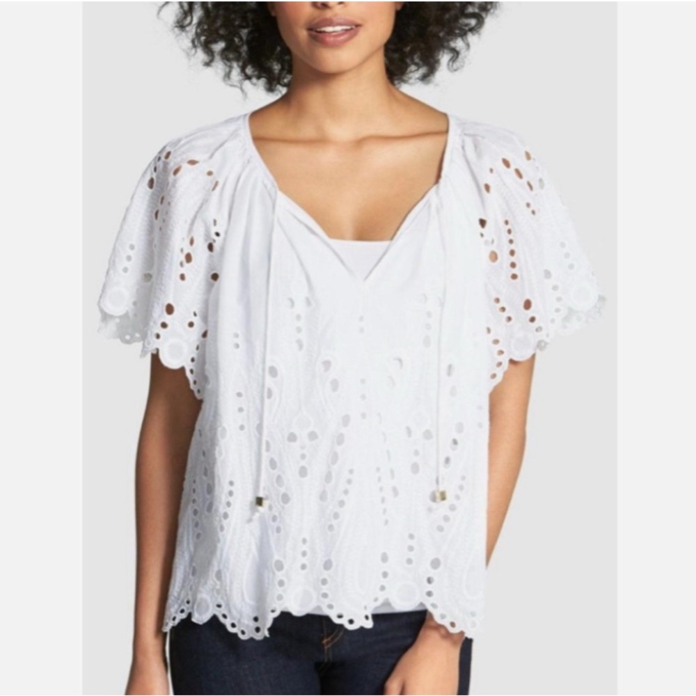 MICHAEL KORS White Cotton Short Sleeve Eyelet Lace Peasant Blouse
Top Size P/M - Picture 5 of 16